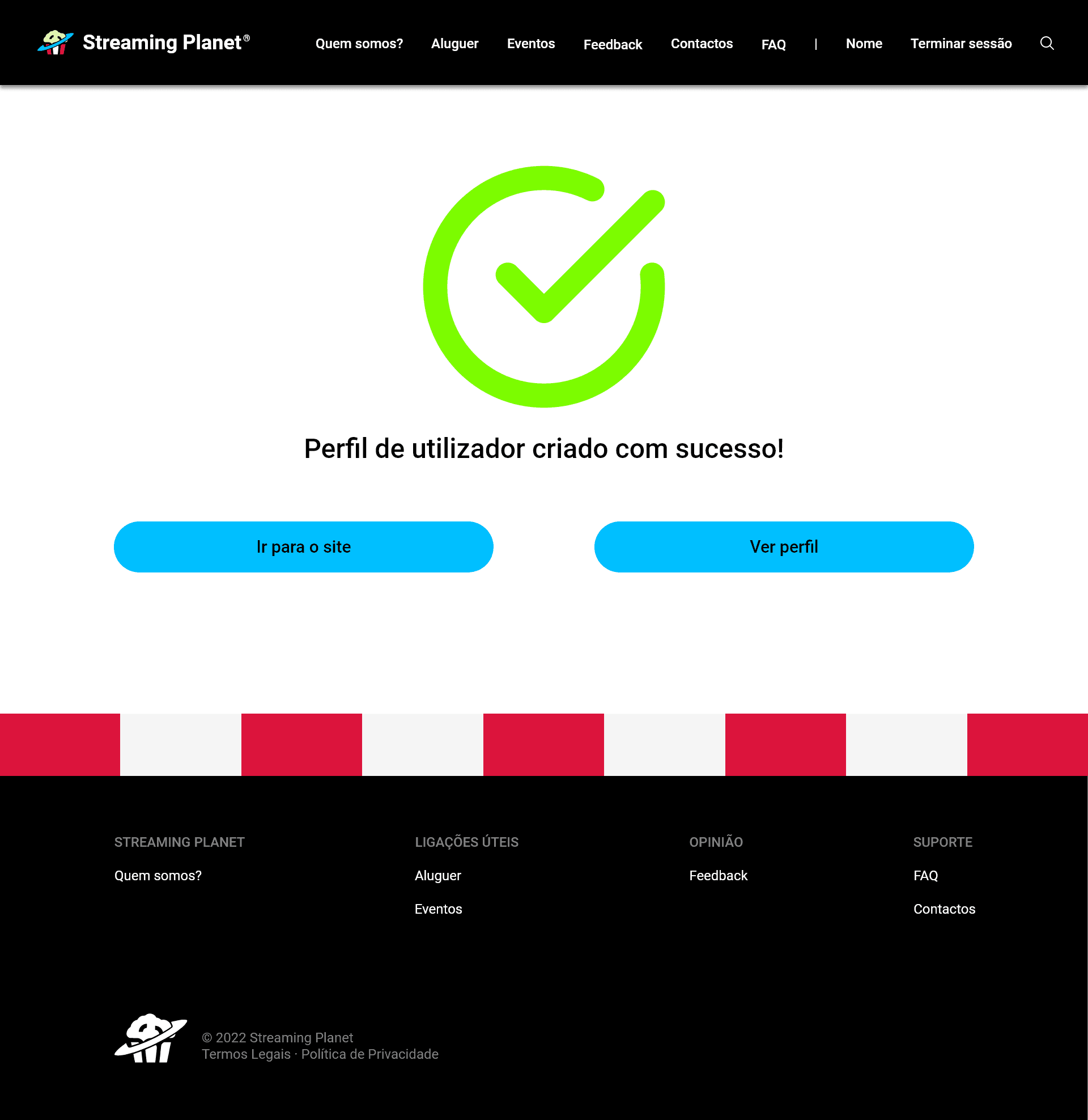 Account creation feedback page